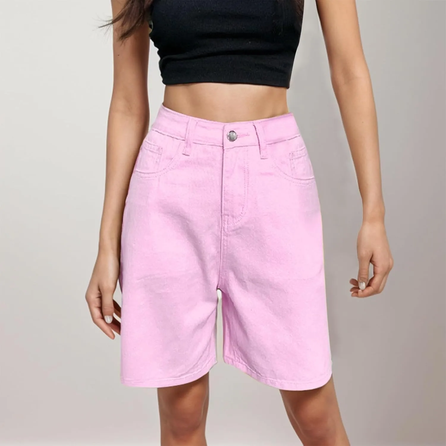 Womens Bermuda Shorts Baggy Casual Summer Shorts Knee Length Hiking Shorts Trendy Stretch Denim Shorts with Pockets