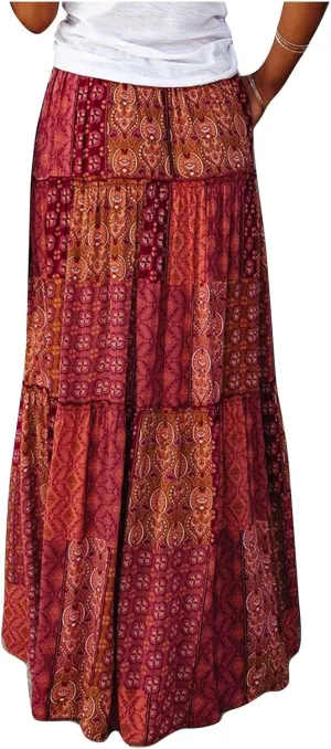 Womens Bohemian Maxi Skirts Elastic High Waisted Flowy Skirt Summer Casual Pleated Long Dresses with Pockets