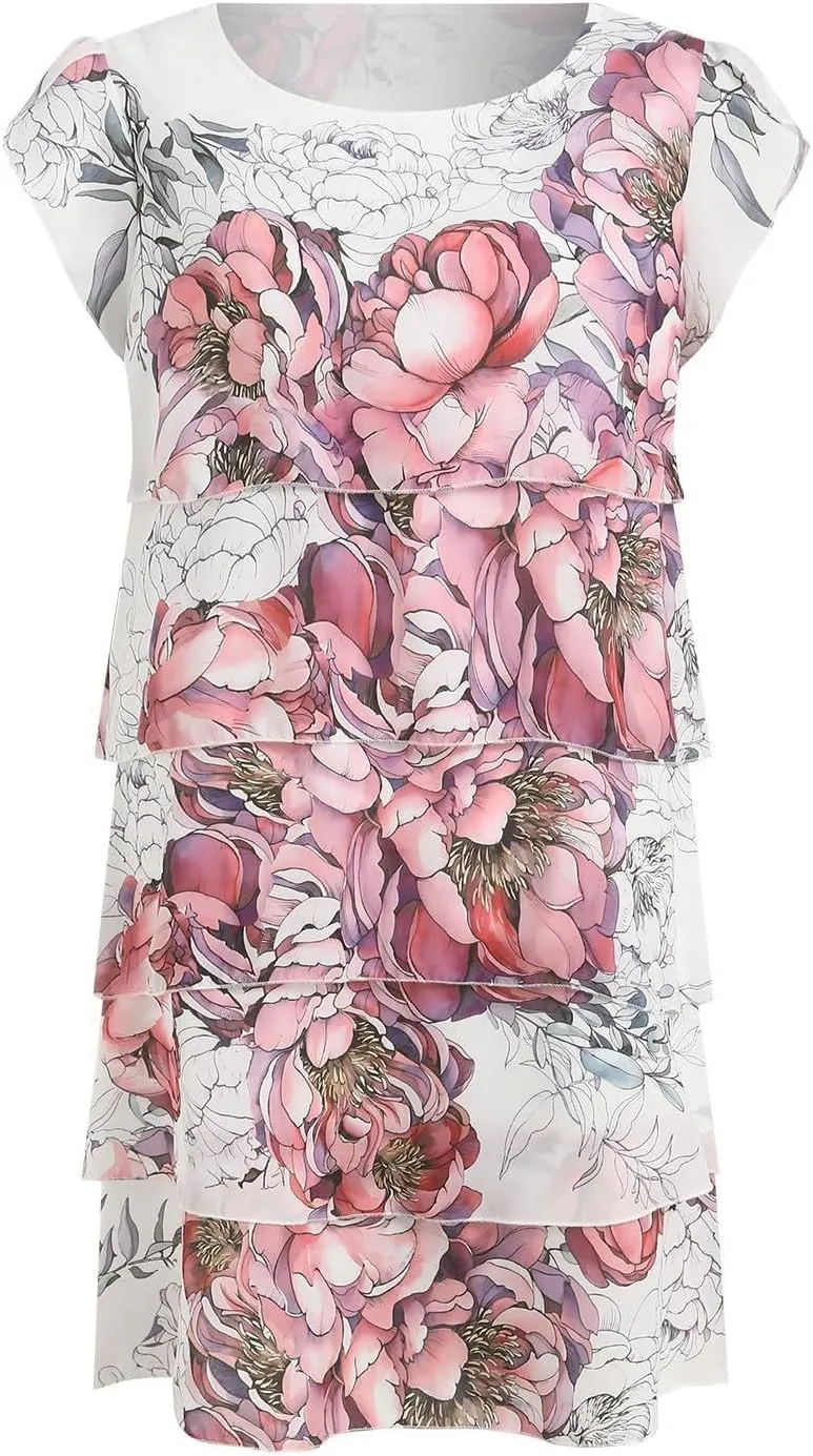 Womens Boho Print Chiffon Dress Summer Layered Ruffle Midi Dress Short Sleeve Wedding Guest Cocktail Party Dresses