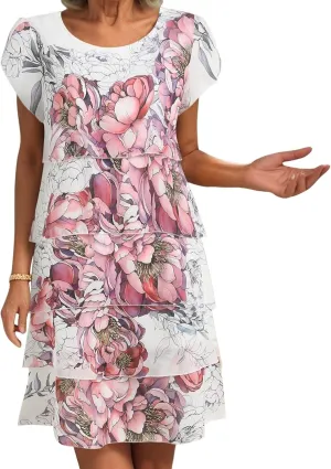 Womens Boho Print Chiffon Dress Summer Layered Ruffle Midi Dress Short Sleeve Wedding Guest Cocktail Party Dresses