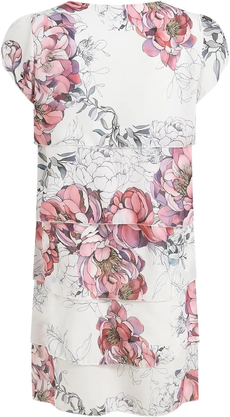 Womens Boho Print Chiffon Dress Summer Layered Ruffle Midi Dress Short Sleeve Wedding Guest Cocktail Party Dresses