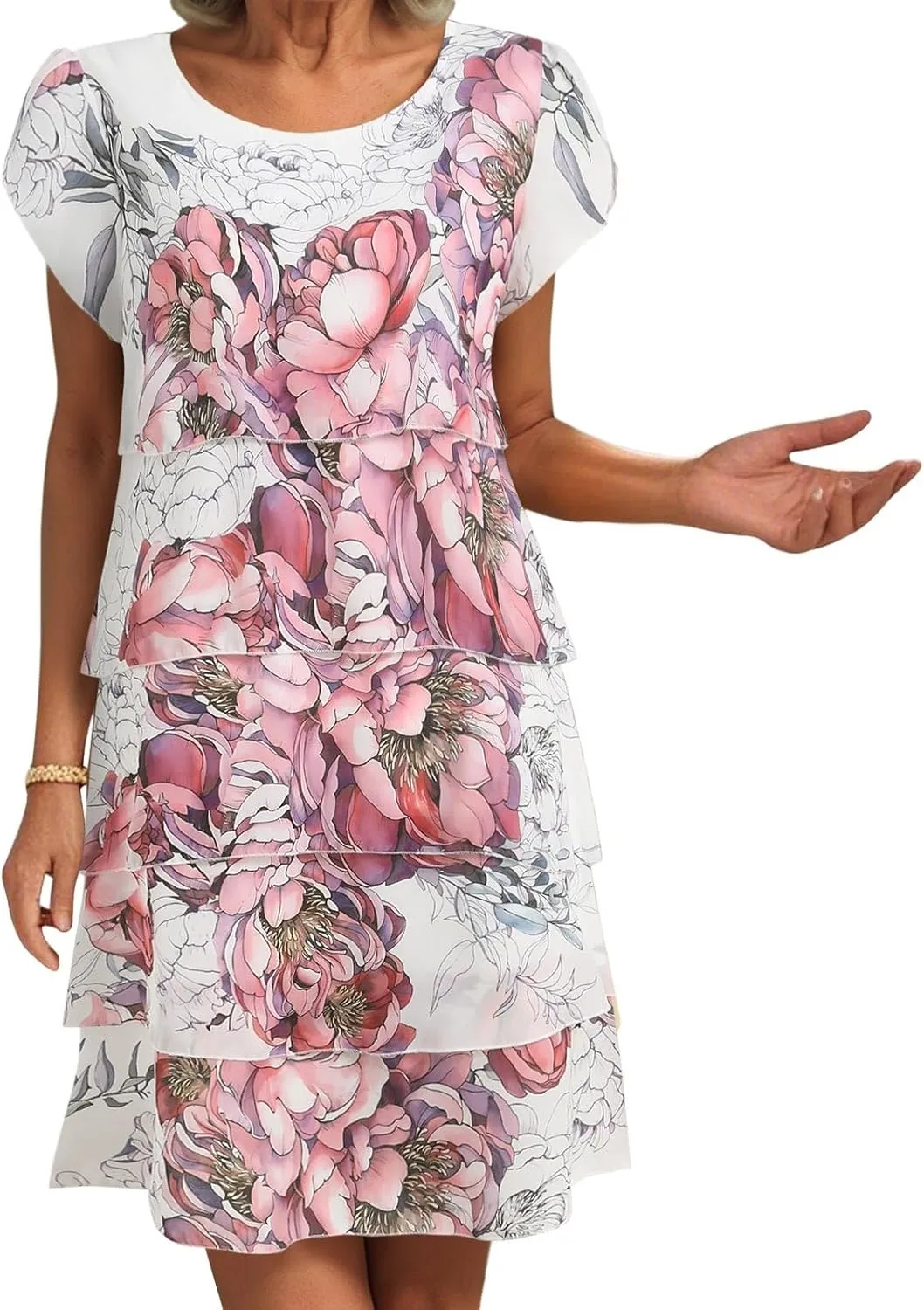 Womens Boho Print Chiffon Dress Summer Layered Ruffle Midi Dress Short Sleeve Wedding Guest Cocktail Party Dresses