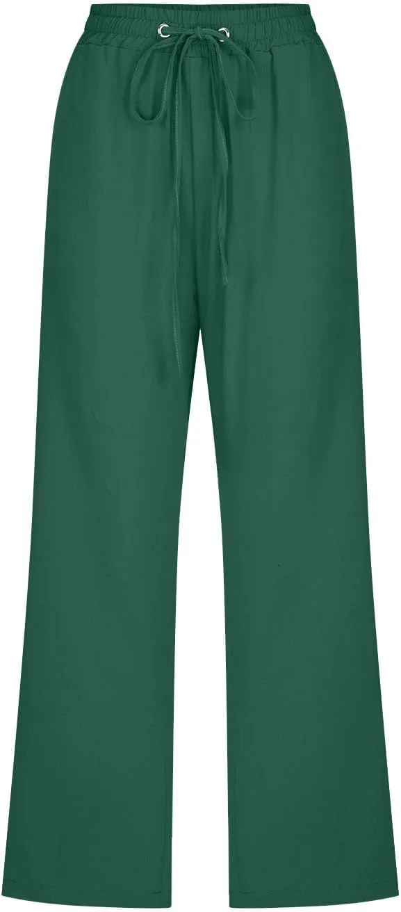 Womens Capri Trousers Cotton Linen Cropped Pants Ladies Elasticated Waist Sweatpants Drawstring Wide Leg Trouser