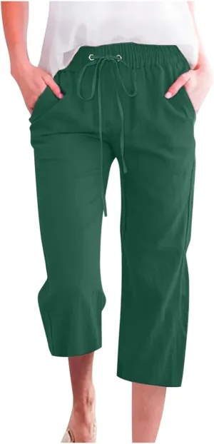 Womens Capri Trousers Cotton Linen Cropped Pants Ladies Elasticated Waist Sweatpants Drawstring Wide Leg Trouser