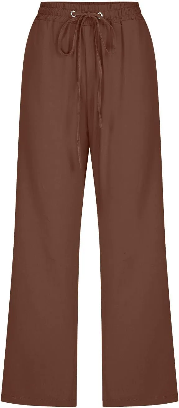 Womens Capri Trousers Cotton Linen Cropped Pants Ladies Elasticated Waist Sweatpants Drawstring Wide Leg Trouser
