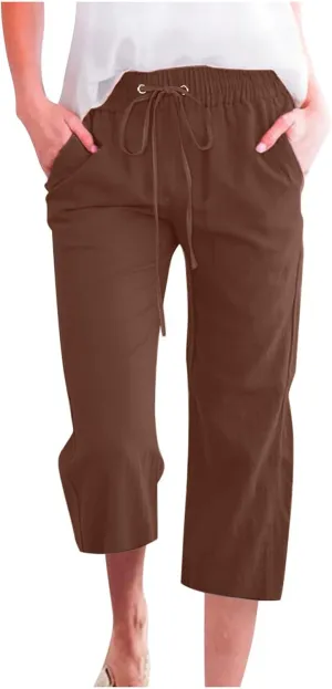 Womens Capri Trousers Cotton Linen Cropped Pants Ladies Elasticated Waist Sweatpants Drawstring Wide Leg Trouser