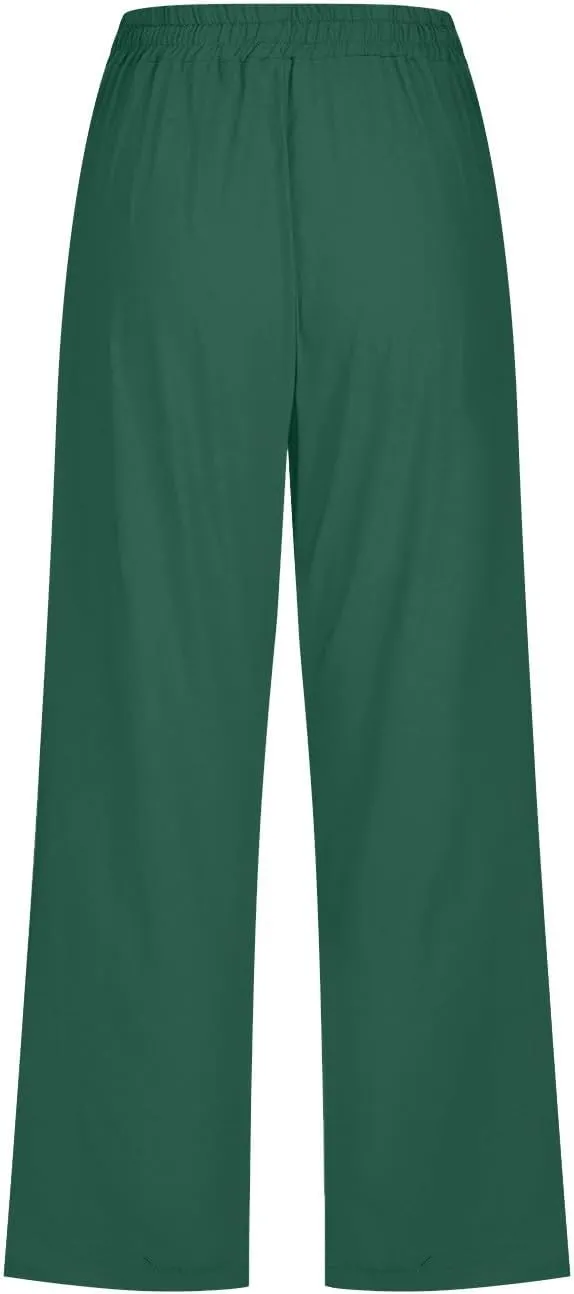 Womens Capri Trousers Cotton Linen Cropped Pants Ladies Elasticated Waist Sweatpants Drawstring Wide Leg Trouser