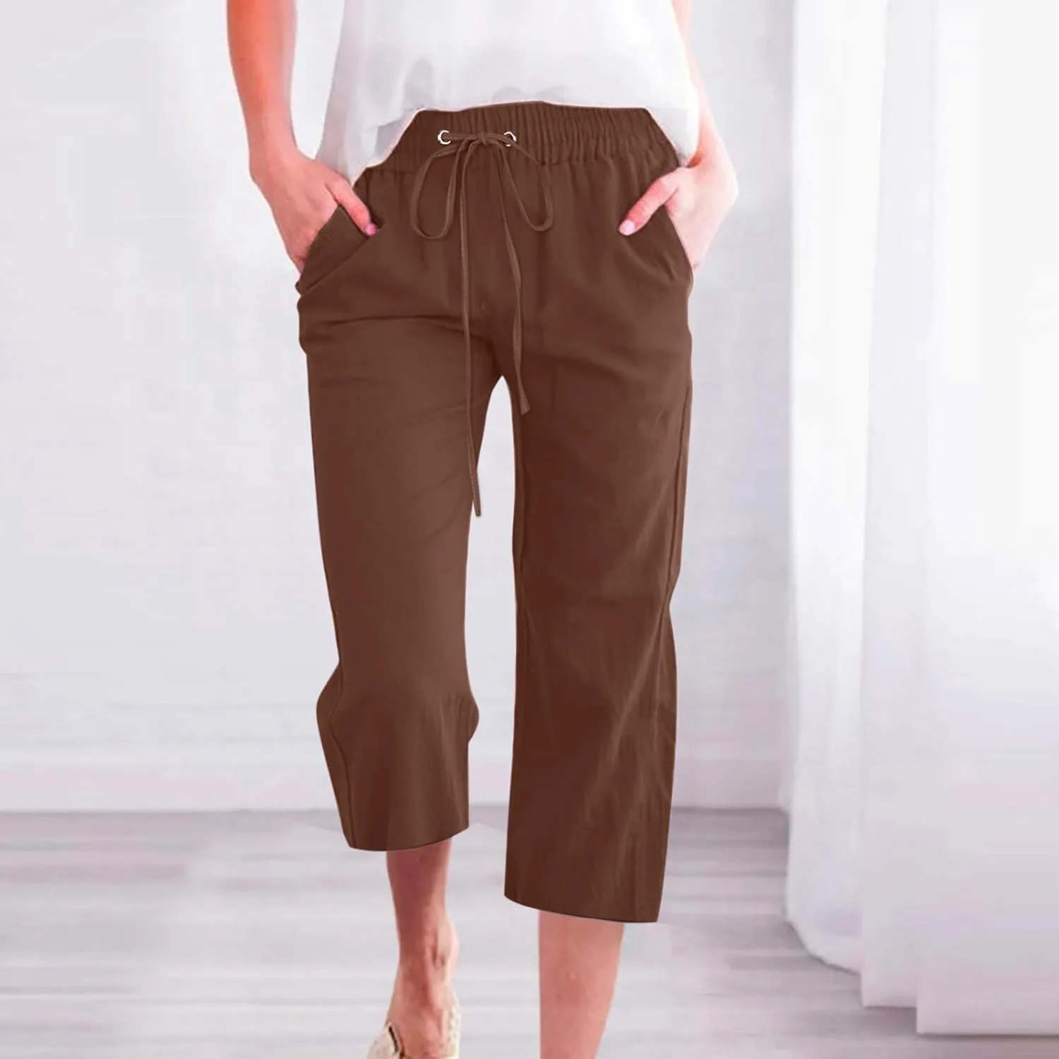 Womens Capri Trousers Cotton Linen Cropped Pants Ladies Elasticated Waist Sweatpants Drawstring Wide Leg Trouser