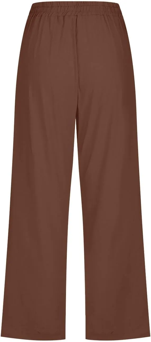 Womens Capri Trousers Cotton Linen Cropped Pants Ladies Elasticated Waist Sweatpants Drawstring Wide Leg Trouser