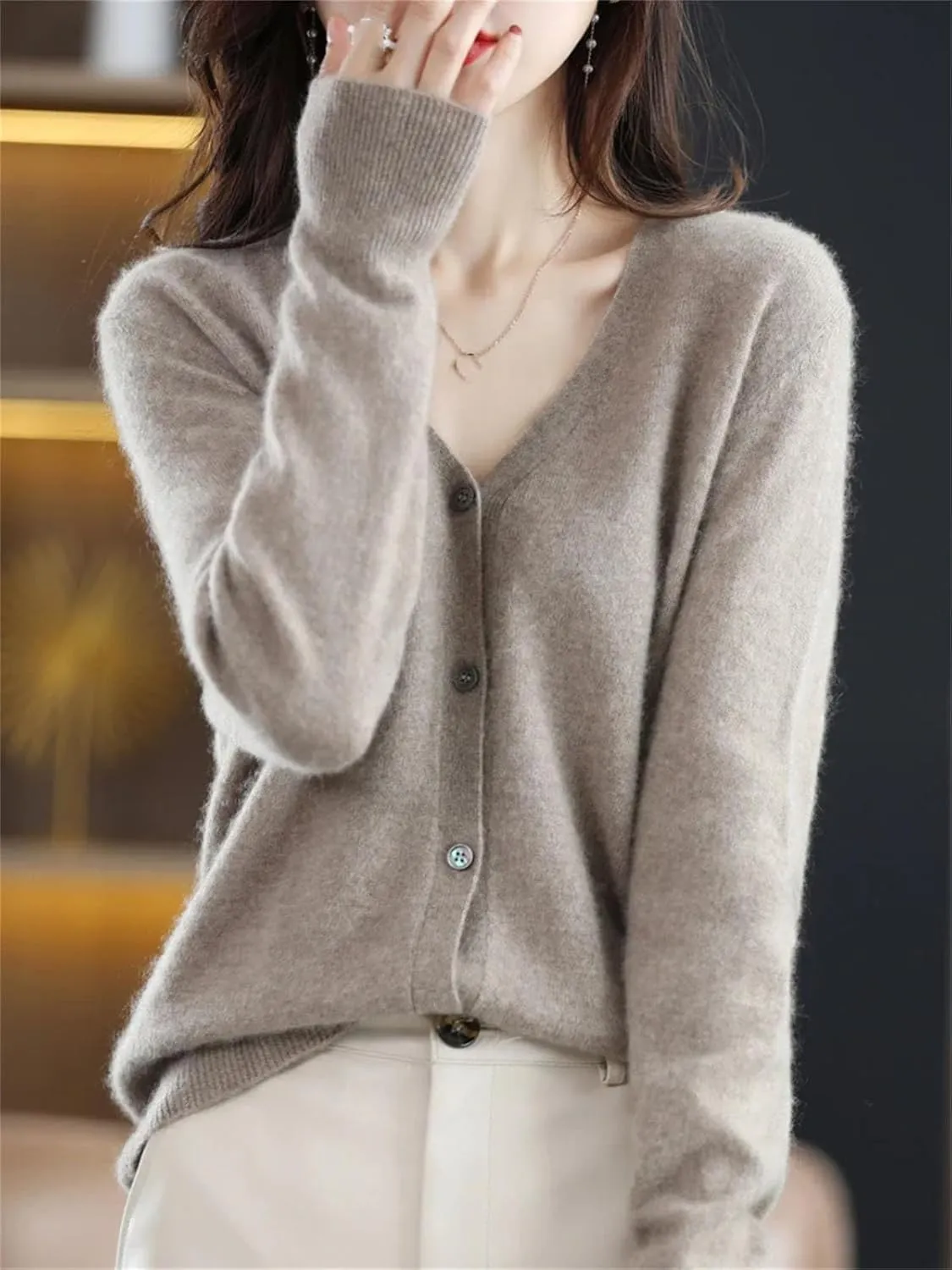 Womens Cardigans Sweater Spring V-Neck Knitted Cashmere Cardigans Solid Single Breasted Sweaters Coat
