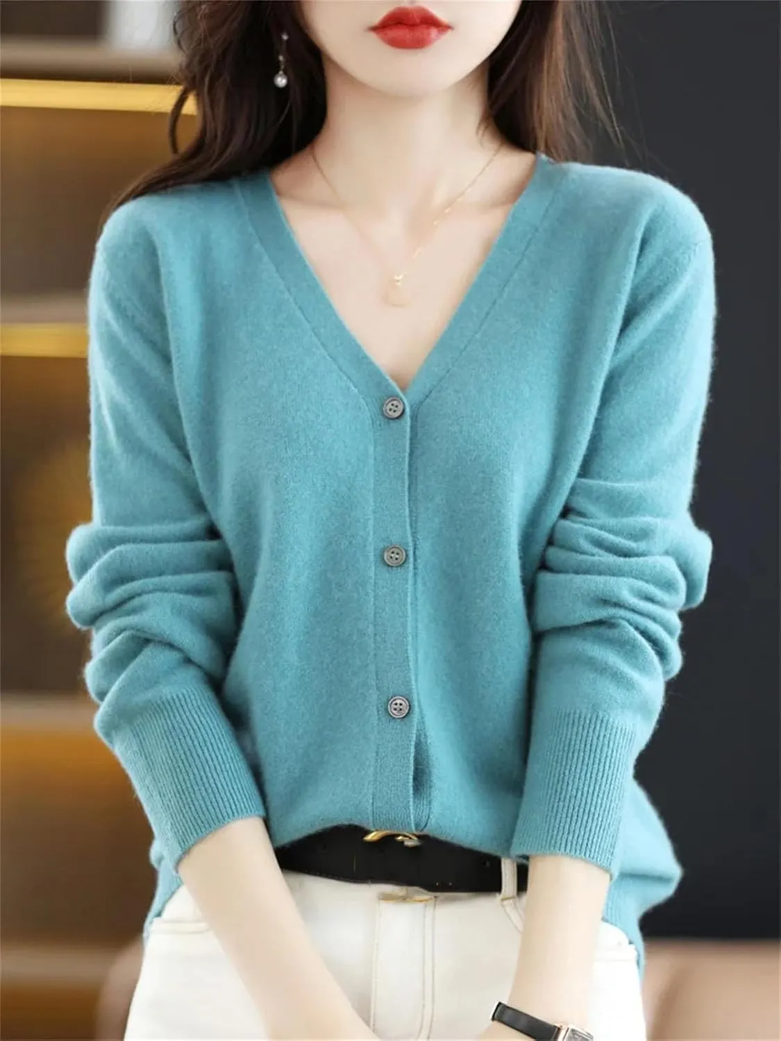Womens Cardigans Sweater Spring V-Neck Knitted Cashmere Cardigans Solid Single Breasted Sweaters Coat