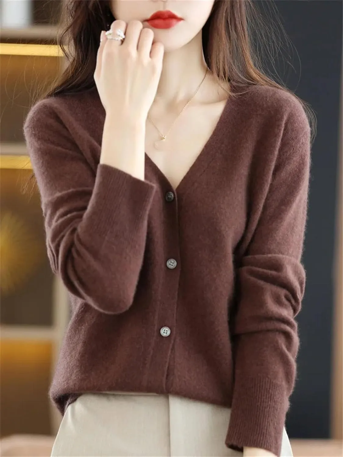 Womens Cardigans Sweater Spring V-Neck Knitted Cashmere Cardigans Solid Single Breasted Sweaters Coat