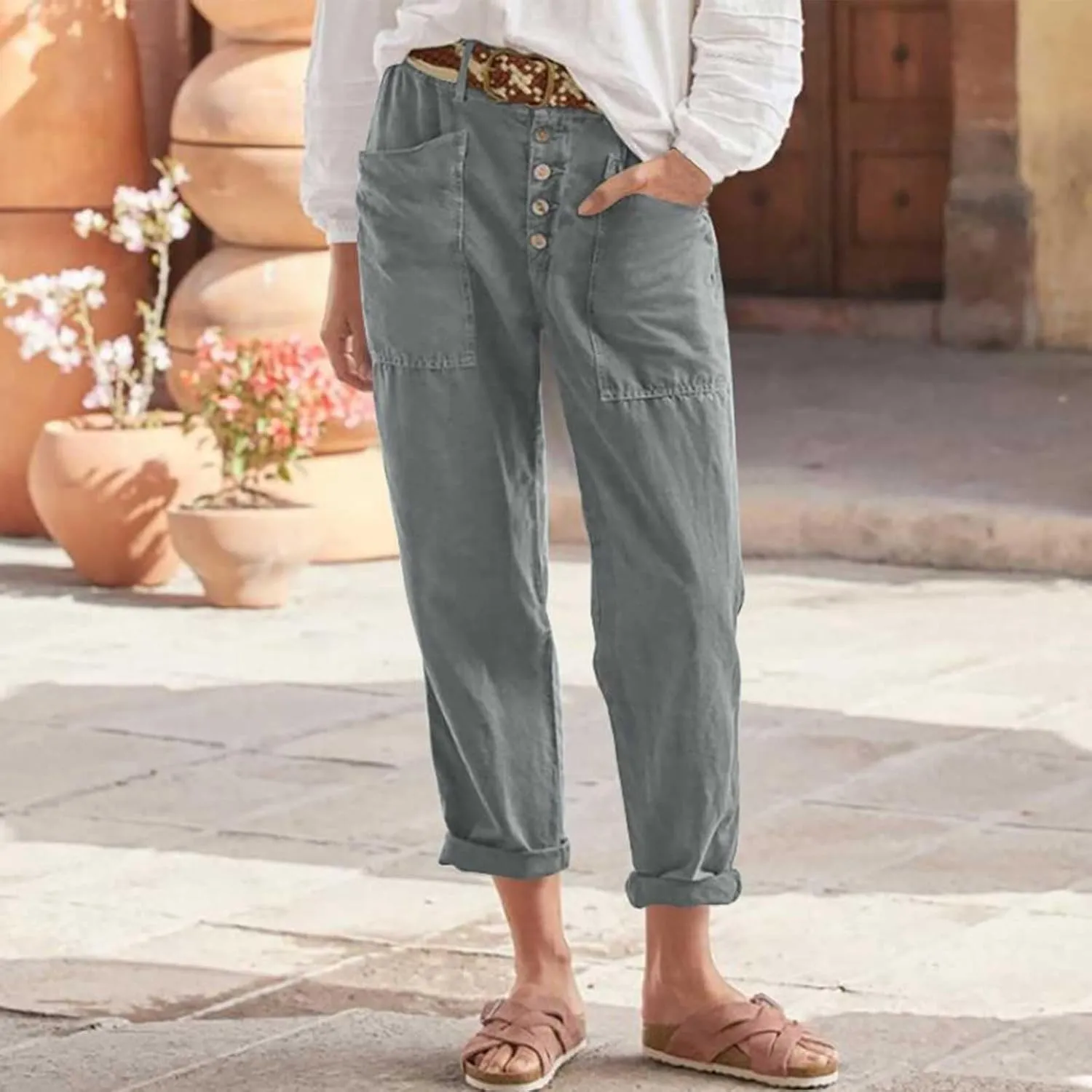 Women's Casual Capri Pants 2025 Trendy High Waist Solid Petite Workout Baggy Straight Leg Trousers with Pockets Beach