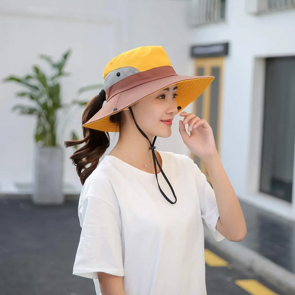 Women's Casual Fishing Bucket Hat Summer Sun Outdoor UV Protection Boonie Foldable Mesh Wide Brim Ponytail Beach Hat