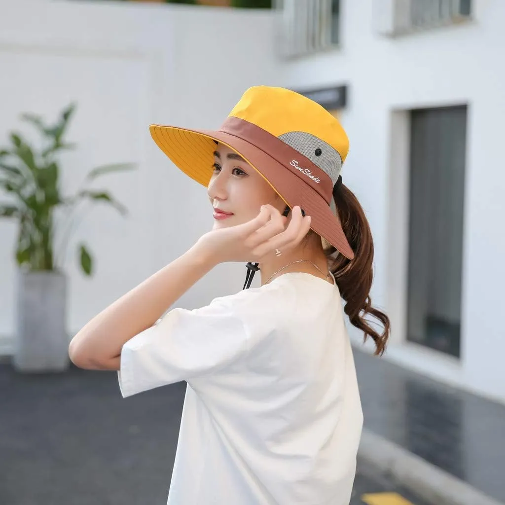 Women's Casual Fishing Bucket Hat Summer Sun Outdoor UV Protection Boonie Foldable Mesh Wide Brim Ponytail Beach Hat