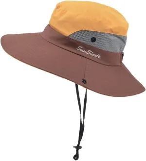 Women's Casual Fishing Bucket Hat Summer Sun Outdoor UV Protection Boonie Foldable Mesh Wide Brim Ponytail Beach Hat