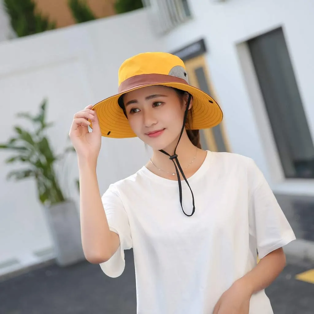 Women's Casual Fishing Bucket Hat Summer Sun Outdoor UV Protection Boonie Foldable Mesh Wide Brim Ponytail Beach Hat