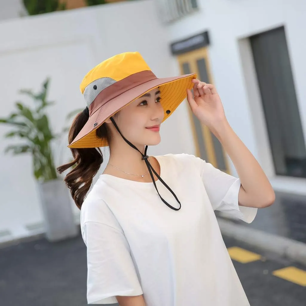 Women's Casual Fishing Bucket Hat Summer Sun Outdoor UV Protection Boonie Foldable Mesh Wide Brim Ponytail Beach Hat
