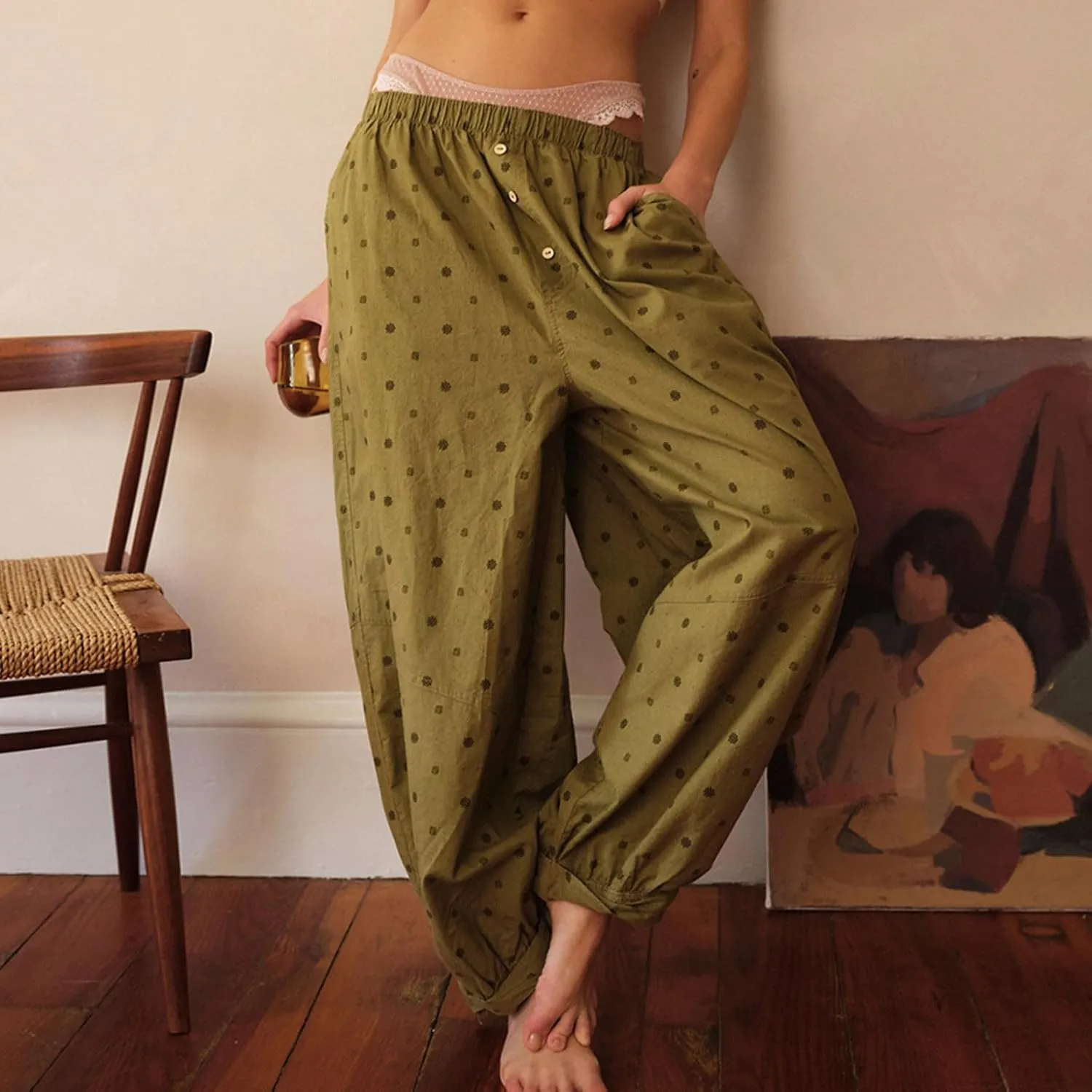 Women's Casual Lantern Tapered Harem Pants Flowy Beach Linen Drawstring Waist Wide Leg Palazzo Pants with Pockets