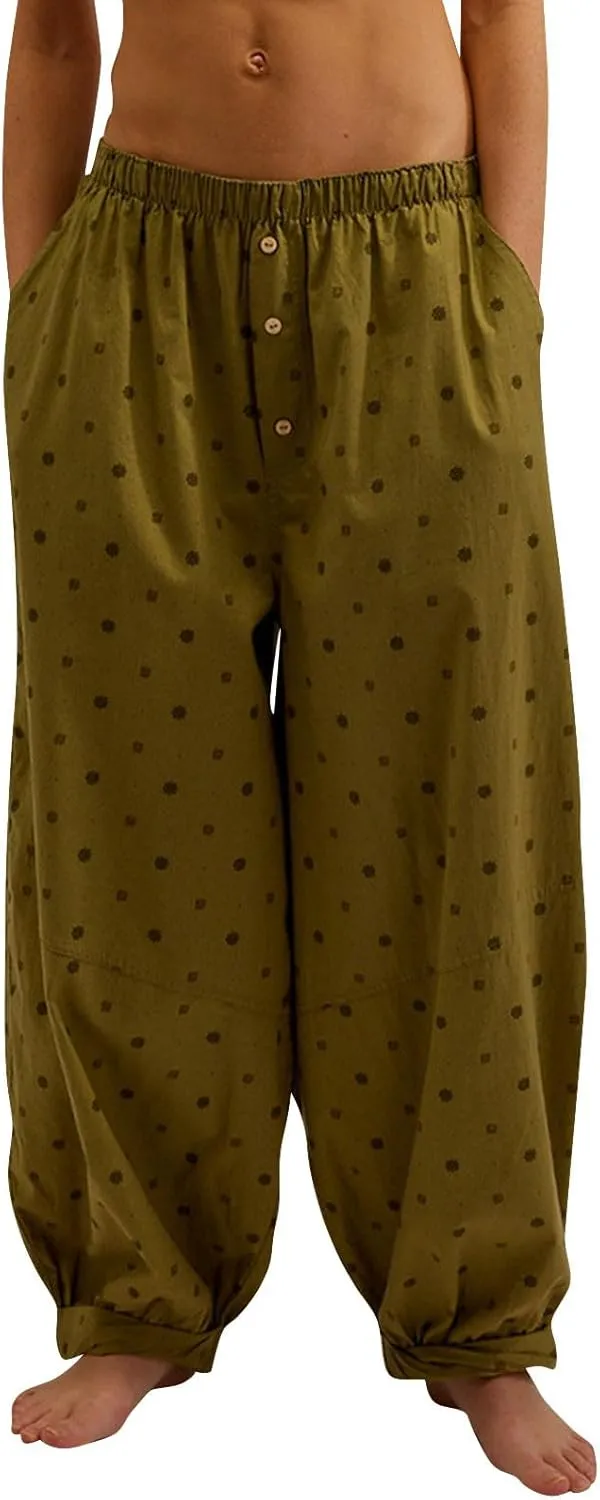 Women's Casual Lantern Tapered Harem Pants Flowy Beach Linen Drawstring Waist Wide Leg Palazzo Pants with Pockets