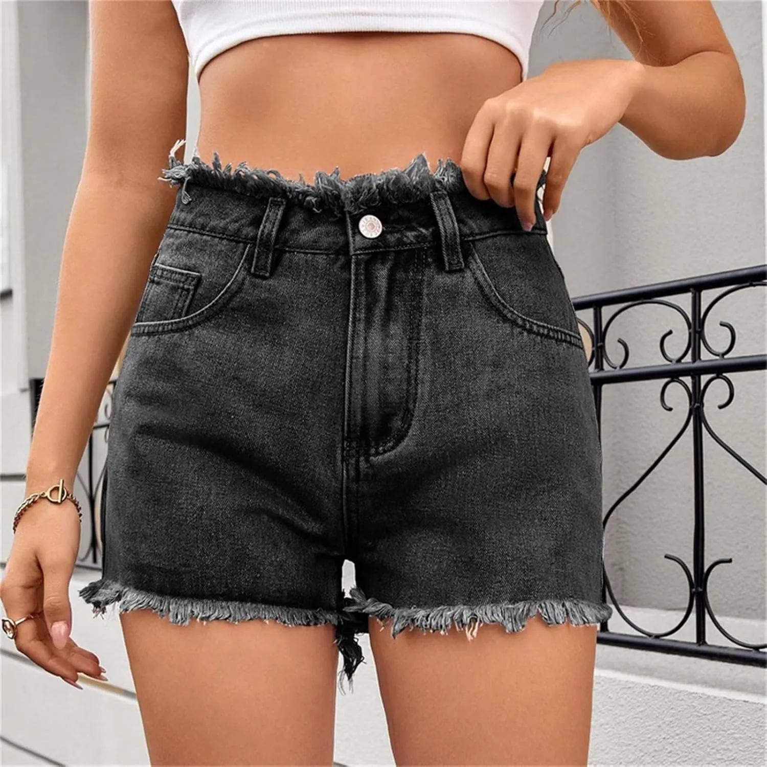 Women's Casual Summer Ripped Washed Distressed Denim Shorts High Waisted Cut Off Frayed Hem Stretch Shorts Trendy