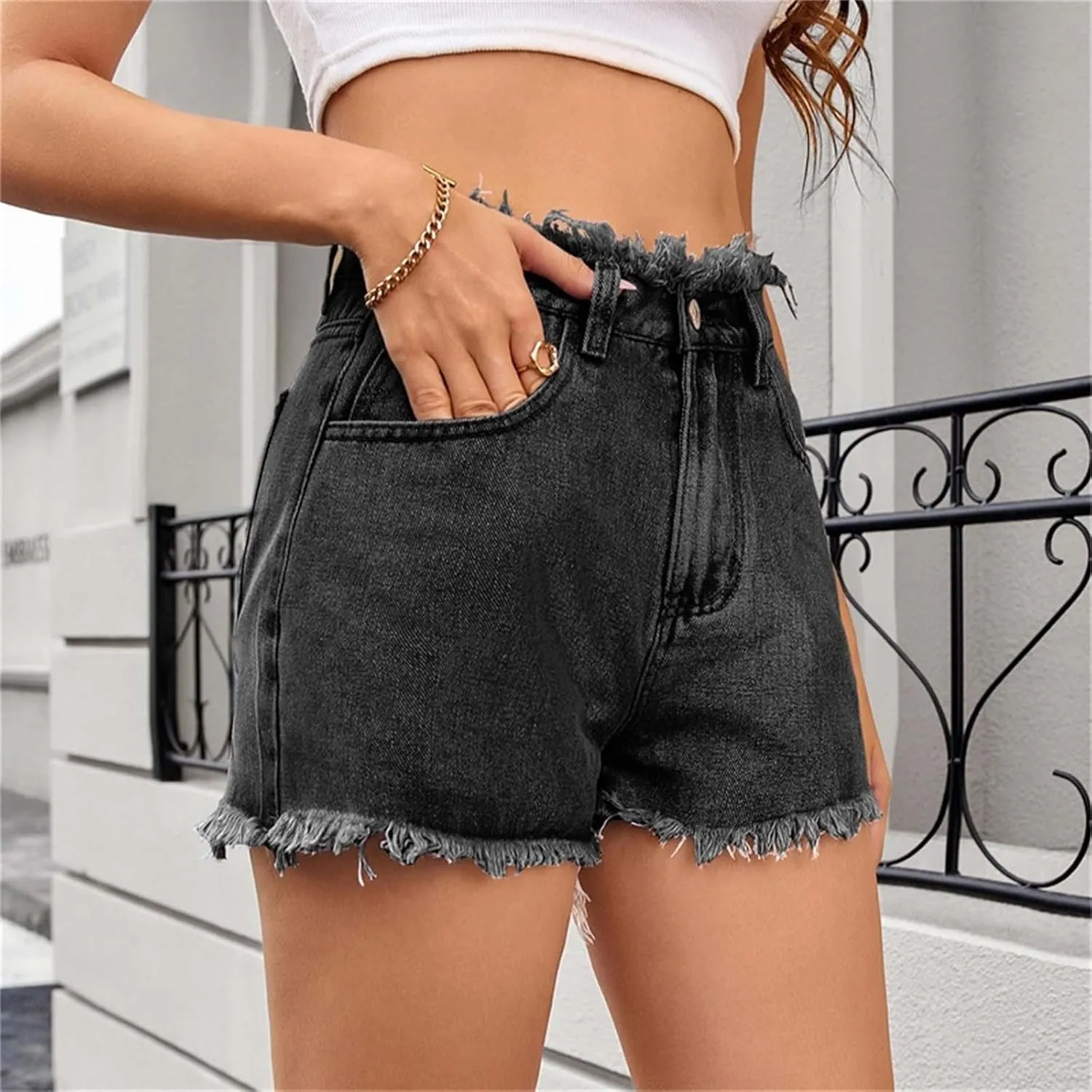 Women's Casual Summer Ripped Washed Distressed Denim Shorts High Waisted Cut Off Frayed Hem Stretch Shorts Trendy