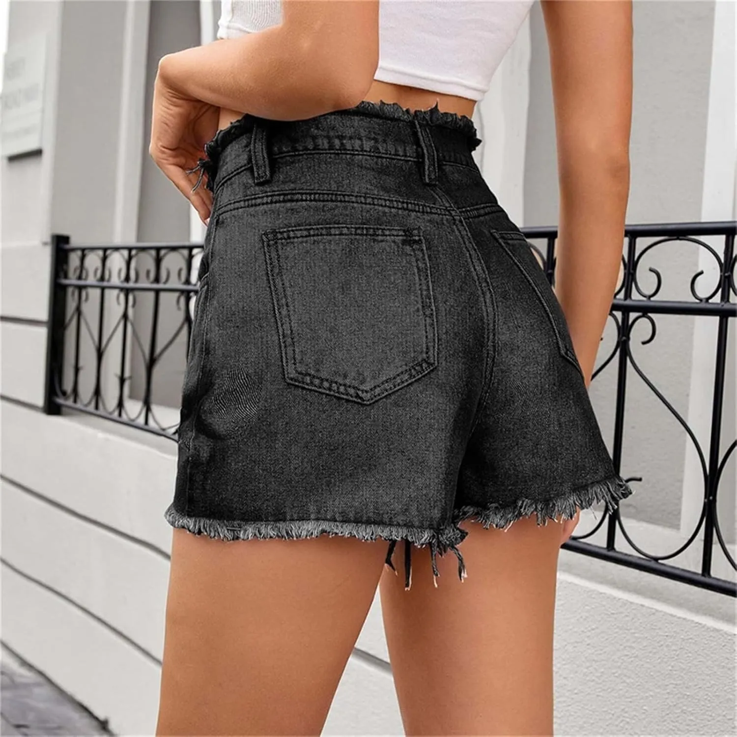 Women's Casual Summer Ripped Washed Distressed Denim Shorts High Waisted Cut Off Frayed Hem Stretch Shorts Trendy