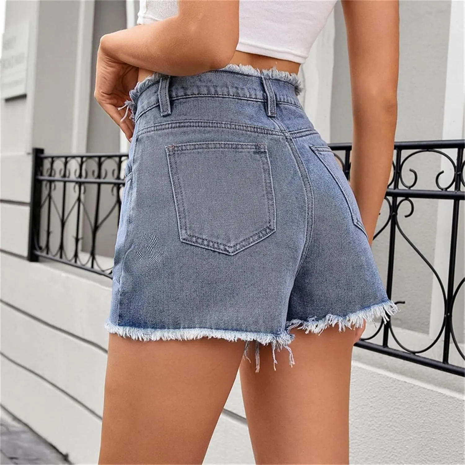 Women's Casual Summer Ripped Washed Distressed Denim Shorts High Waisted Cut Off Frayed Hem Stretch Shorts Trendy