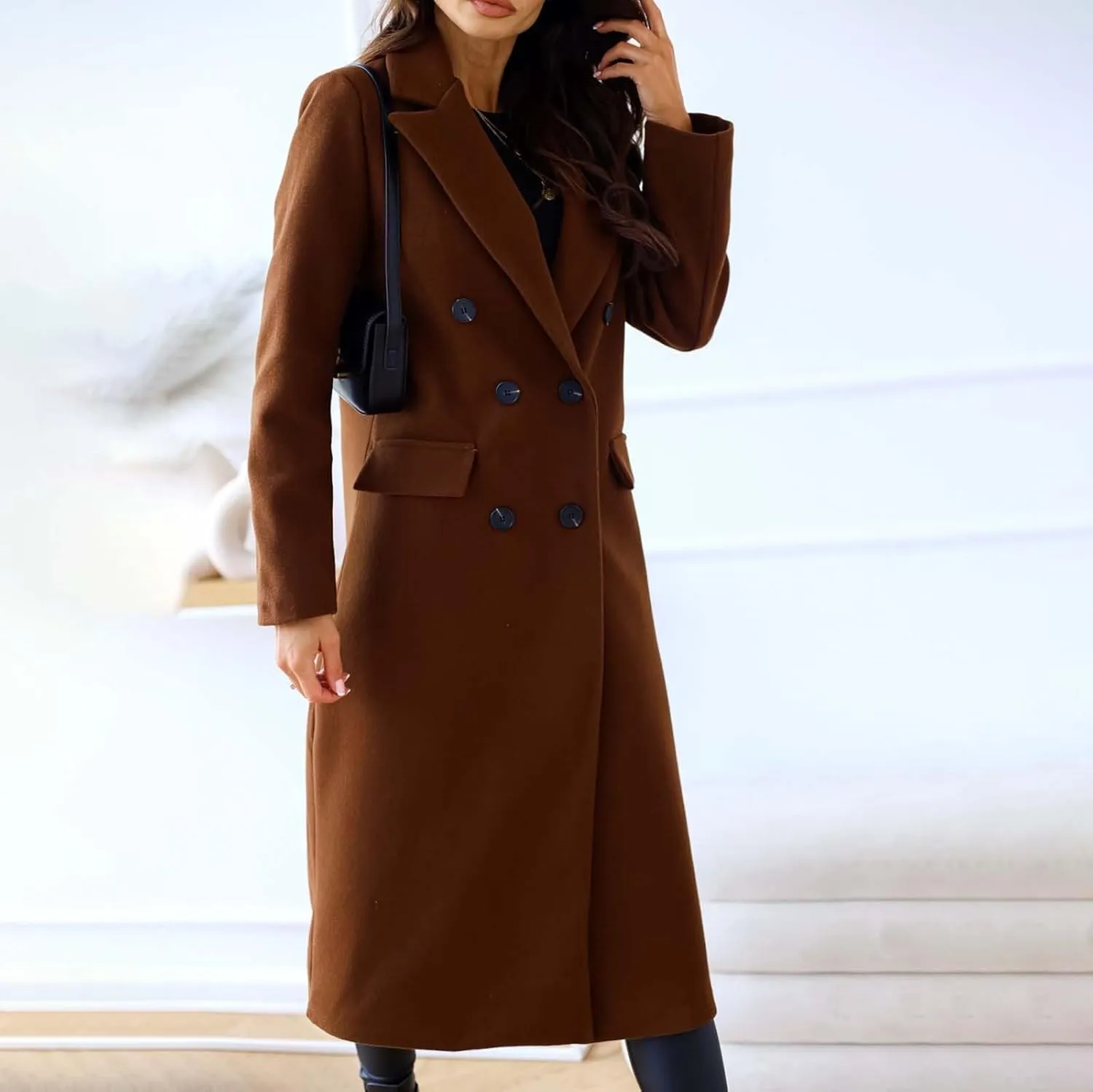 Women's Casual Thicken Wool Blend Lapel Long Sleeve Double Breasted Pea Coat Solid Color Slim Fit Winter Long Coat
