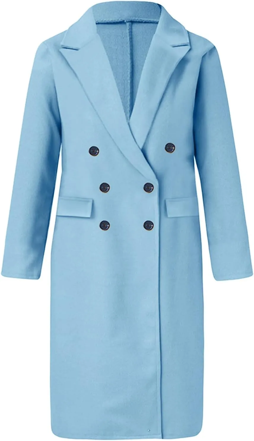 Women's Casual Thicken Wool Blend Lapel Long Sleeve Double Breasted Pea Coat Solid Color Slim Fit Winter Long Coat