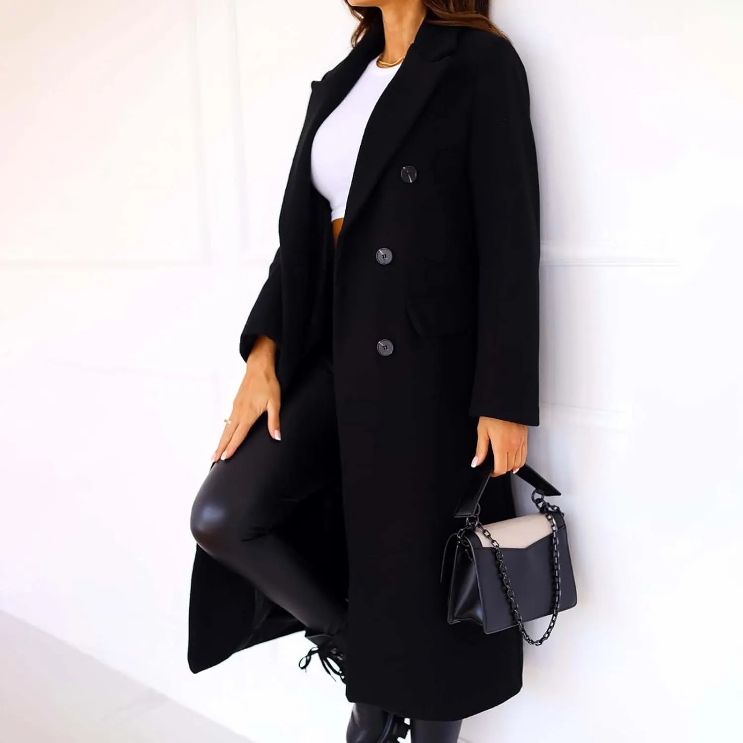 Women's Casual Thicken Wool Blend Lapel Long Sleeve Double Breasted Pea Coat Solid Color Slim Fit Winter Long Coat