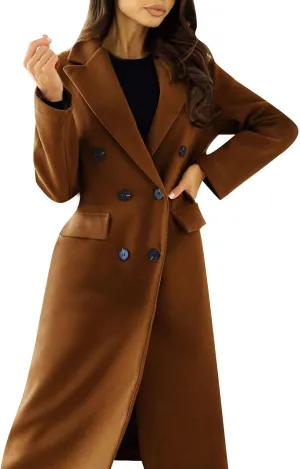 Women's Casual Thicken Wool Blend Lapel Long Sleeve Double Breasted Pea Coat Solid Color Slim Fit Winter Long Coat