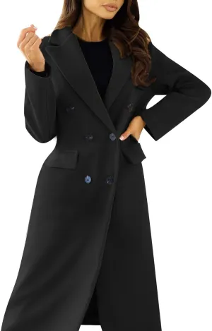 Women's Casual Thicken Wool Blend Lapel Long Sleeve Double Breasted Pea Coat Solid Color Slim Fit Winter Long Coat
