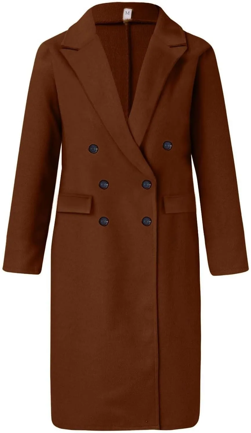 Women's Casual Thicken Wool Blend Lapel Long Sleeve Double Breasted Pea Coat Solid Color Slim Fit Winter Long Coat