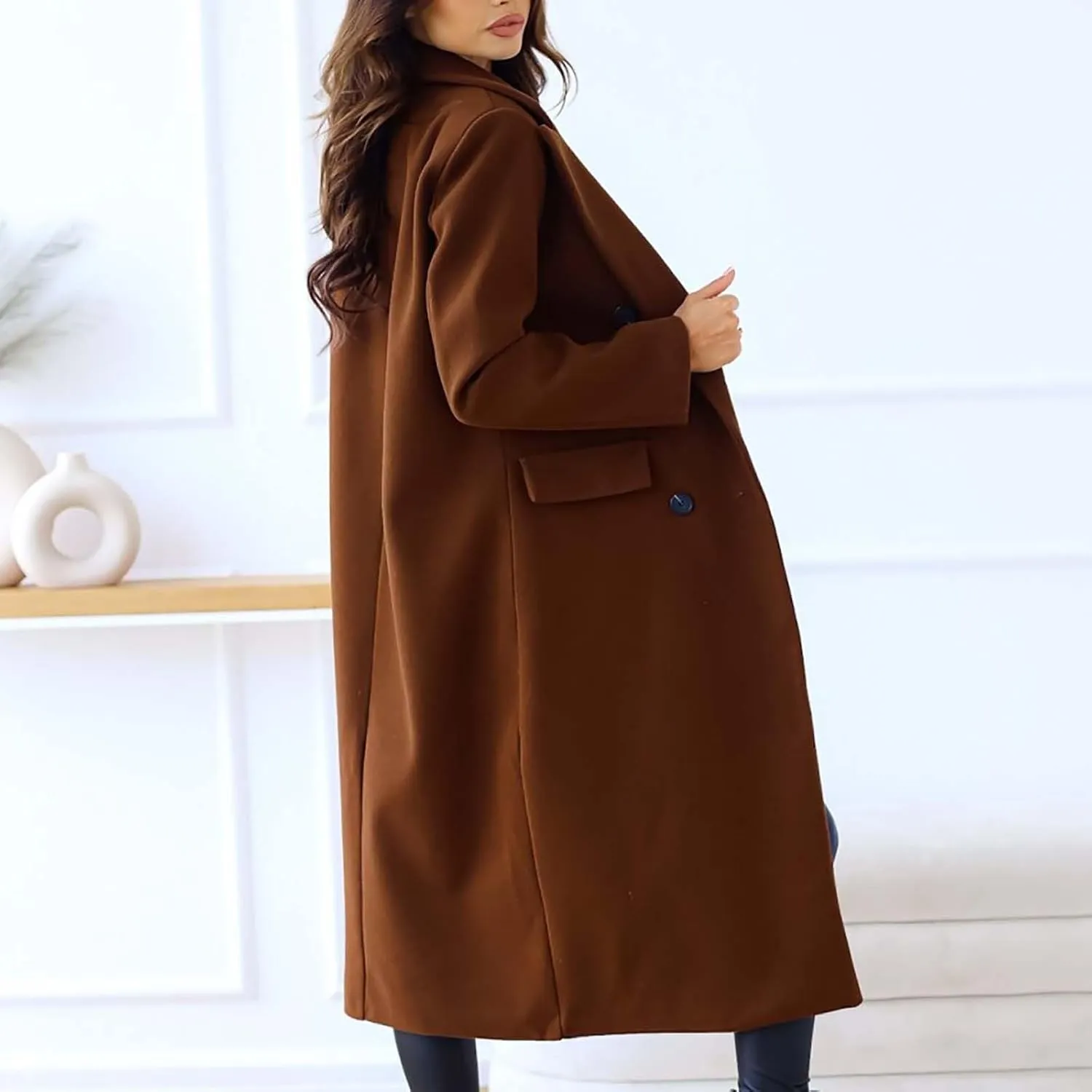 Women's Casual Thicken Wool Blend Lapel Long Sleeve Double Breasted Pea Coat Solid Color Slim Fit Winter Long Coat