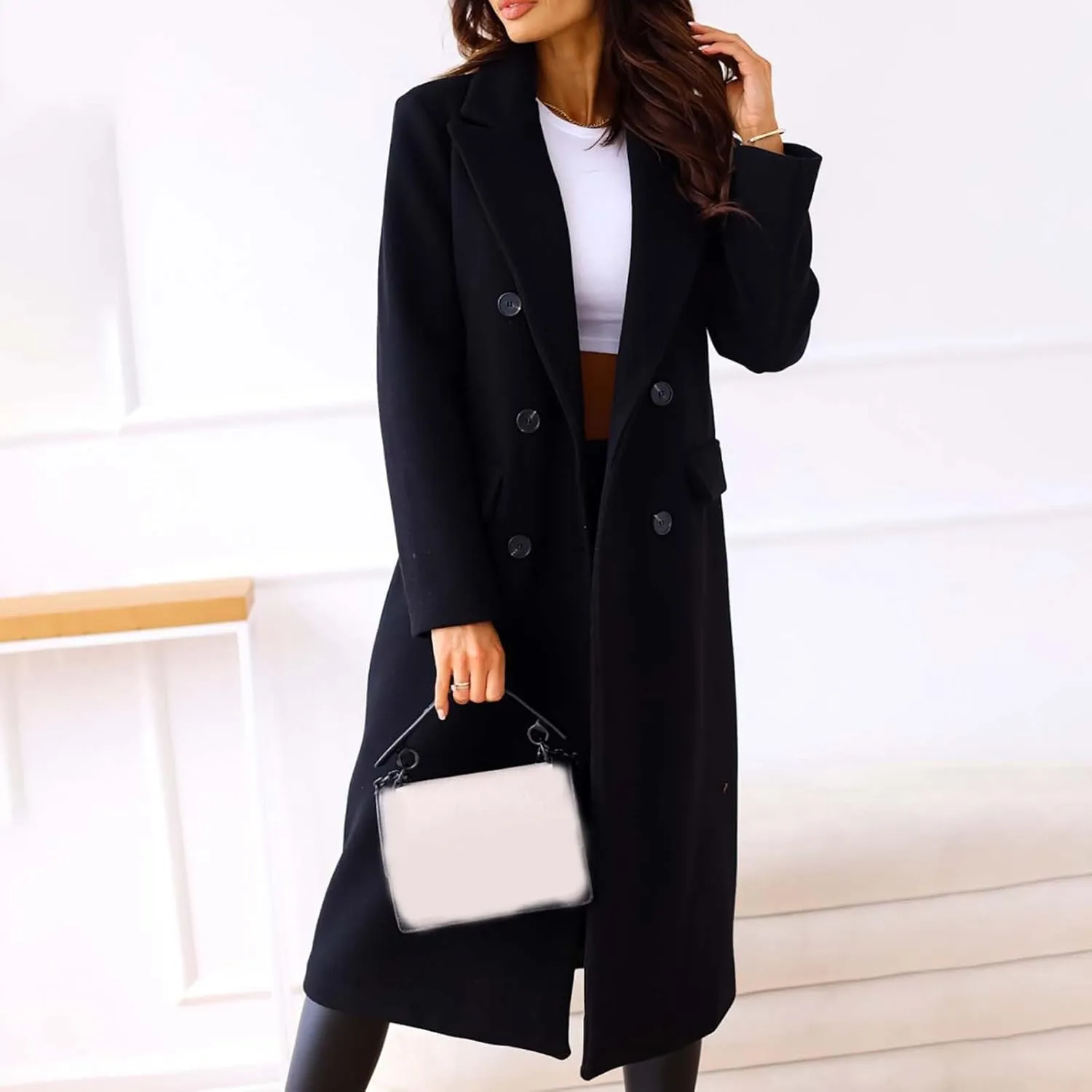 Women's Casual Thicken Wool Blend Lapel Long Sleeve Double Breasted Pea Coat Solid Color Slim Fit Winter Long Coat