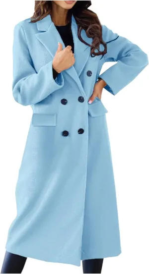 Women's Casual Thicken Wool Blend Lapel Long Sleeve Double Breasted Pea Coat Solid Color Slim Fit Winter Long Coat