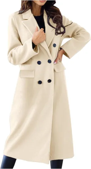 Women's Casual Thicken Wool Blend Lapel Long Sleeve Double Breasted Pea Coat Solid Color Slim Fit Winter Long Coat