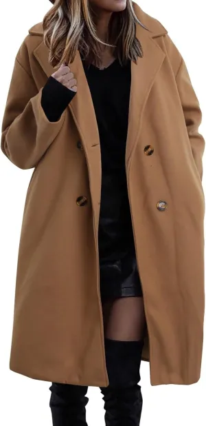 Womens Casual Trench Overcoat Long Sleeve Lapel Oversized Long Jackets Elegant Solid Color Button Down Outdoor Coat