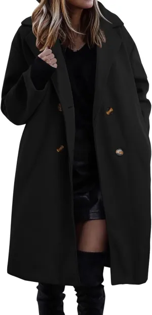 Womens Casual Trench Overcoat Long Sleeve Lapel Oversized Long Jackets Elegant Solid Color Button Down Outdoor Coat