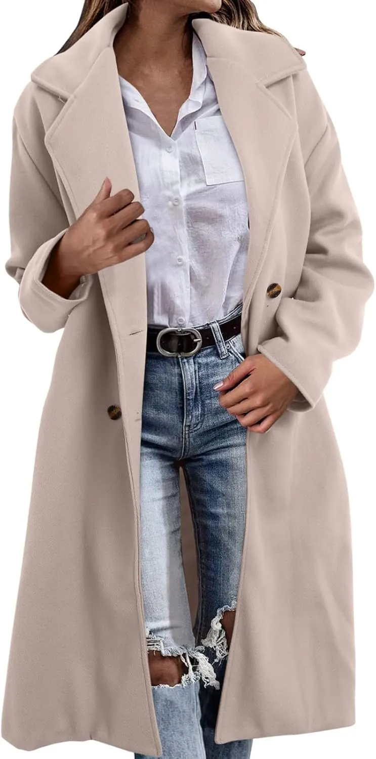 Womens Casual Trench Overcoat Long Sleeve Lapel Oversized Long Jackets Elegant Solid Color Button Down Outdoor Coat