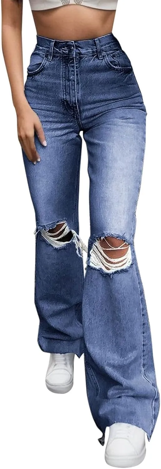 Women's Comfortable Pants,Women's Distressed Jeans High Waist Relaxed Fit Stretch Denim Casual Pants