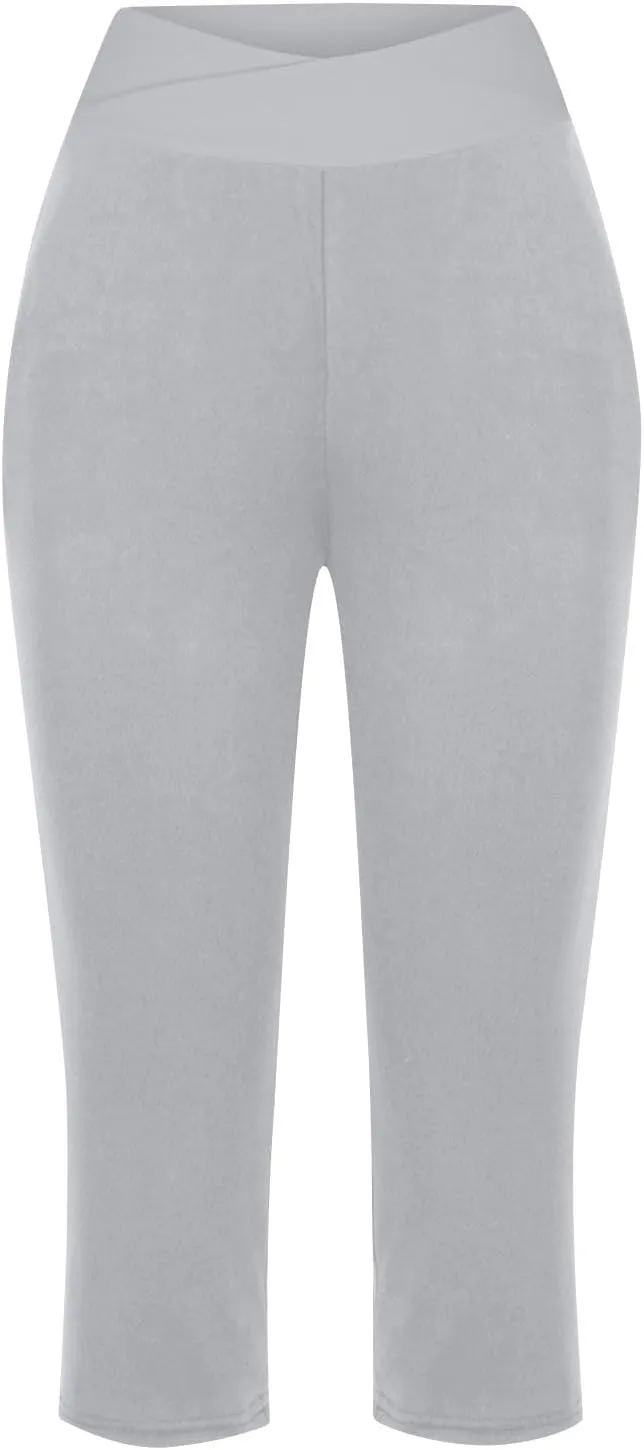 Womens Cropped Capri Pants High Waisted 3/4 Trousers Elasticated Waist Yoga Leggings Solid Color Straight Leg Trouser