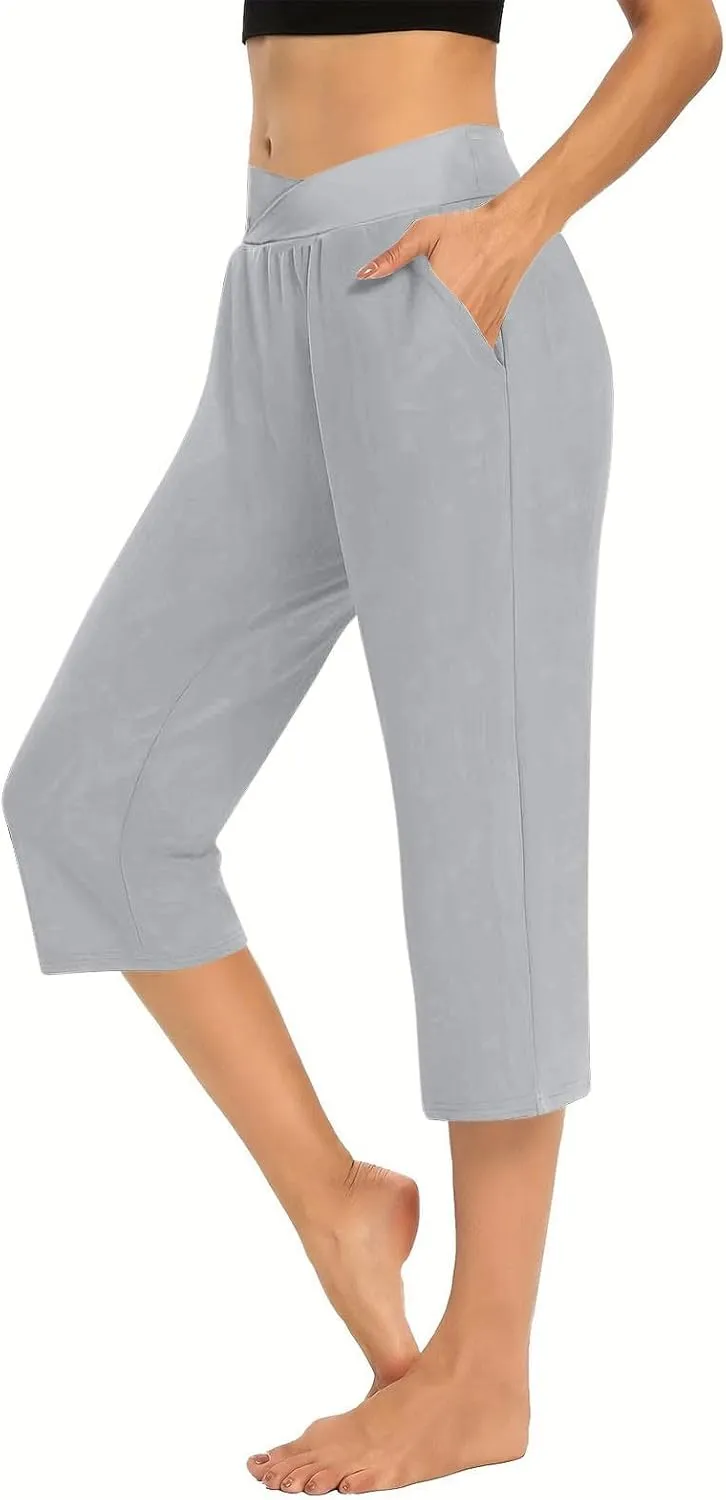 Womens Cropped Capri Pants High Waisted 3/4 Trousers Elasticated Waist Yoga Leggings Solid Color Straight Leg Trouser