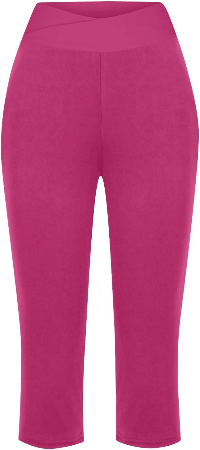 Womens Cropped Capri Pants High Waisted 3/4 Trousers Elasticated Waist Yoga Leggings Solid Color Straight Leg Trouser