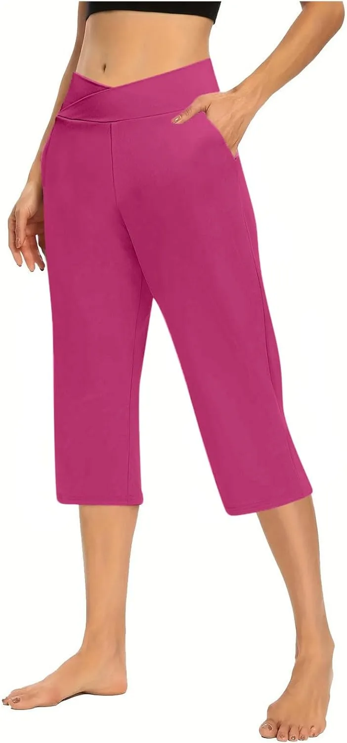 Womens Cropped Capri Pants High Waisted 3/4 Trousers Elasticated Waist Yoga Leggings Solid Color Straight Leg Trouser