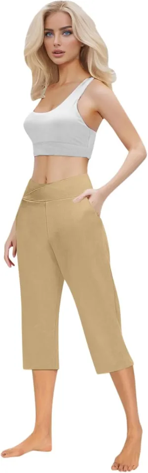 Womens Cropped Capri Pants High Waisted 3/4 Trousers Elasticated Waist Yoga Leggings Solid Color Straight Leg Trouser