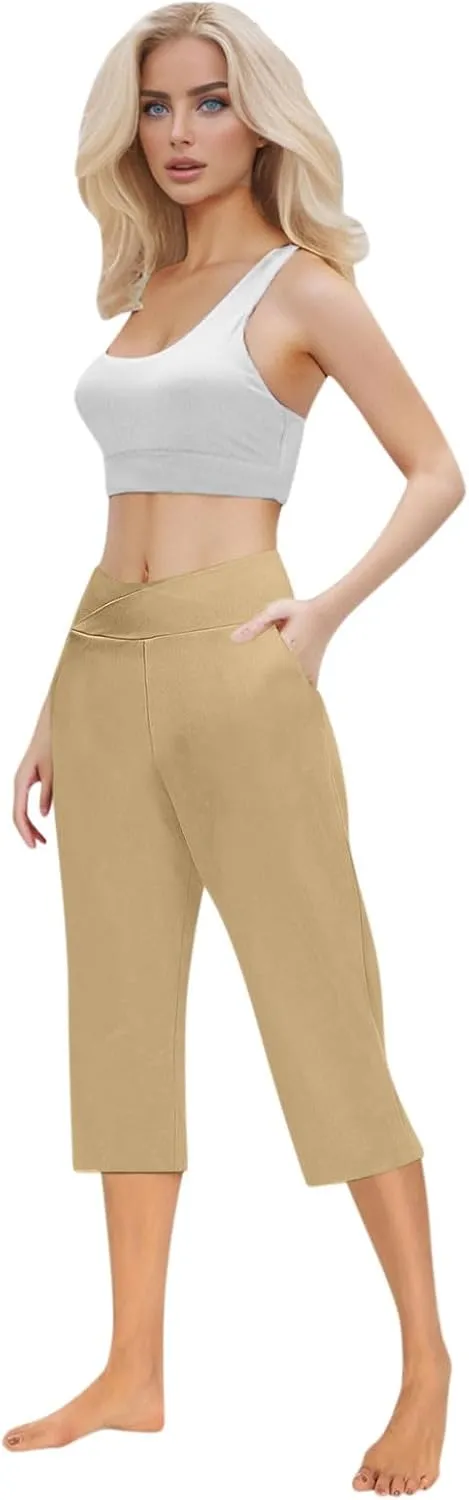 Womens Cropped Capri Pants High Waisted 3/4 Trousers Elasticated Waist Yoga Leggings Solid Color Straight Leg Trouser