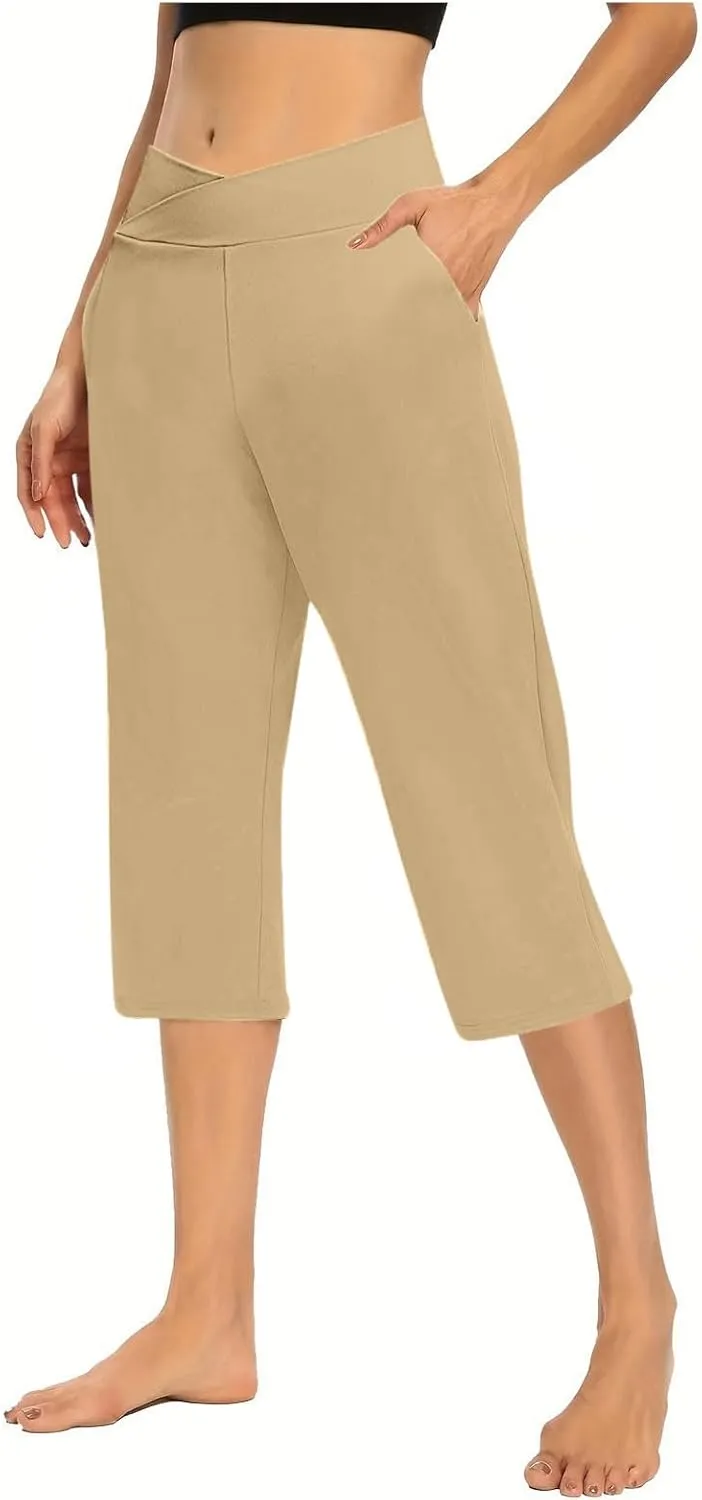 Womens Cropped Capri Pants High Waisted 3/4 Trousers Elasticated Waist Yoga Leggings Solid Color Straight Leg Trouser