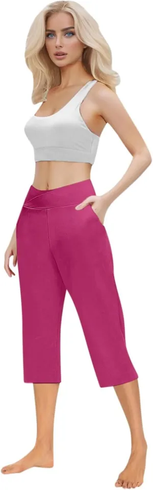 Womens Cropped Capri Pants High Waisted 3/4 Trousers Elasticated Waist Yoga Leggings Solid Color Straight Leg Trouser